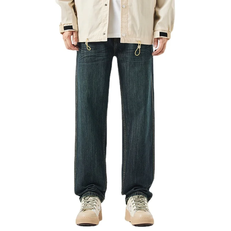 

Синие джинсы для мужчин, новинка осень-зима, свободные облегающие Прямые повседневные длинные брюки, джинсы с широкими штанинами, Мужская одежда, брюки-карго