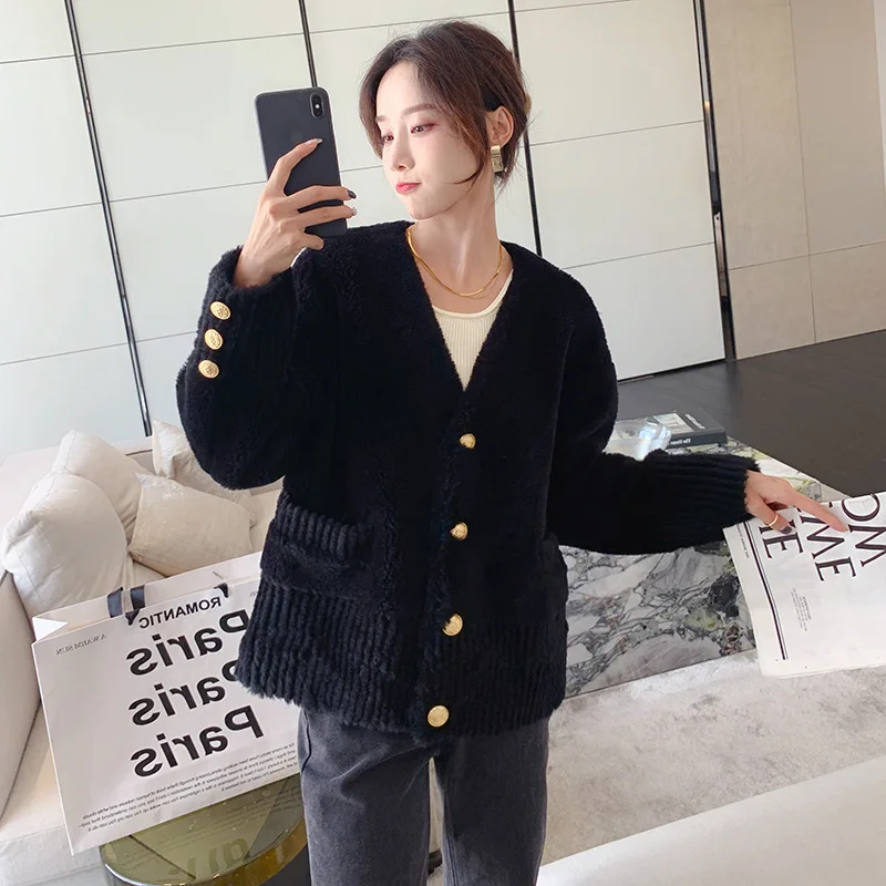 

Меховое зимнее Модное новое пальто из овечьей шерсти Маленькое очаровательное пальто из овечьей шерсти женский меховой цельный кардиган короткое пальто с V-образным вырезом 2023