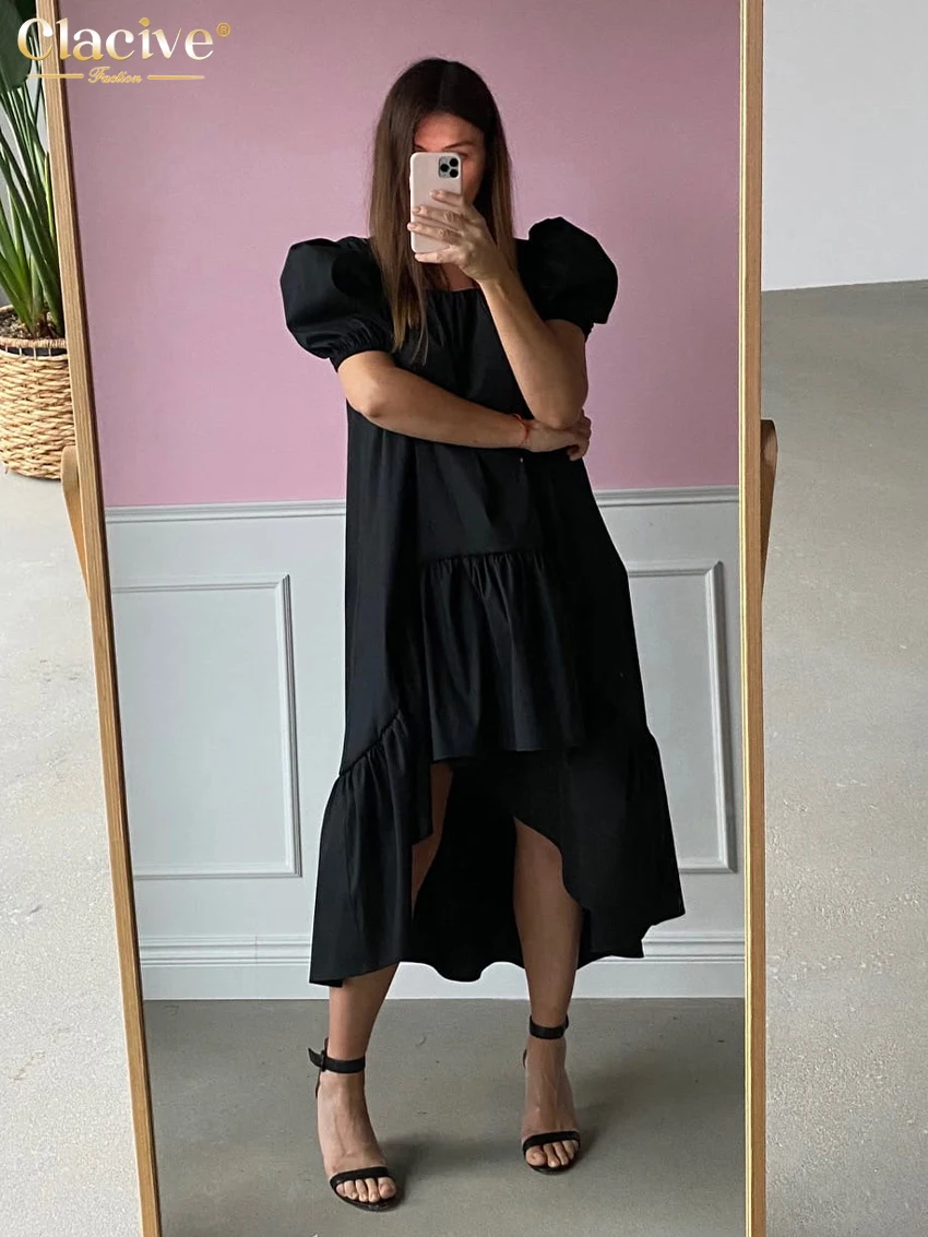 

Clacive Casual Loose Black Women's Dress 2024 Summer Square Collar Short Sleeve Midi Dresses Elegant Classic Solid Female Dress