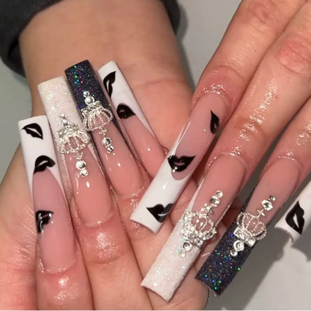 24 Pcs French Black White Lips Fake Nail Rhinestone Long Nails Coffin Full  Cover Flower Red Love False Nail Press On Nails - False Nails - AliExpress