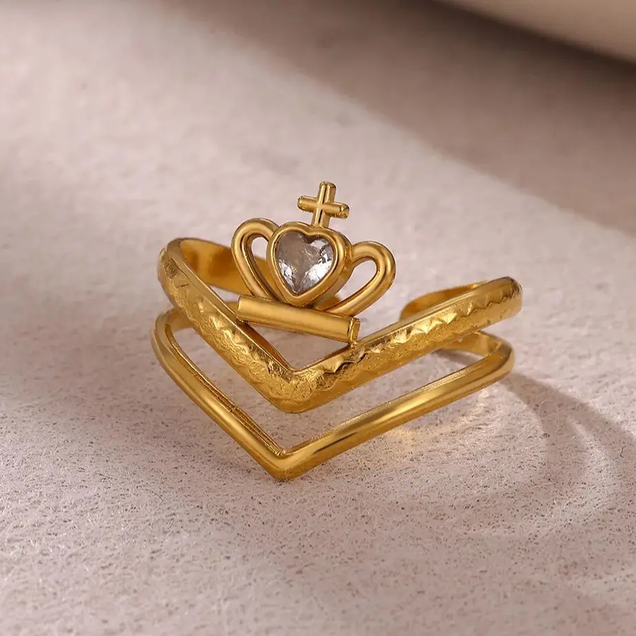 Zircon Crown & Heart Rings for Women Gold Color Stainless Steel