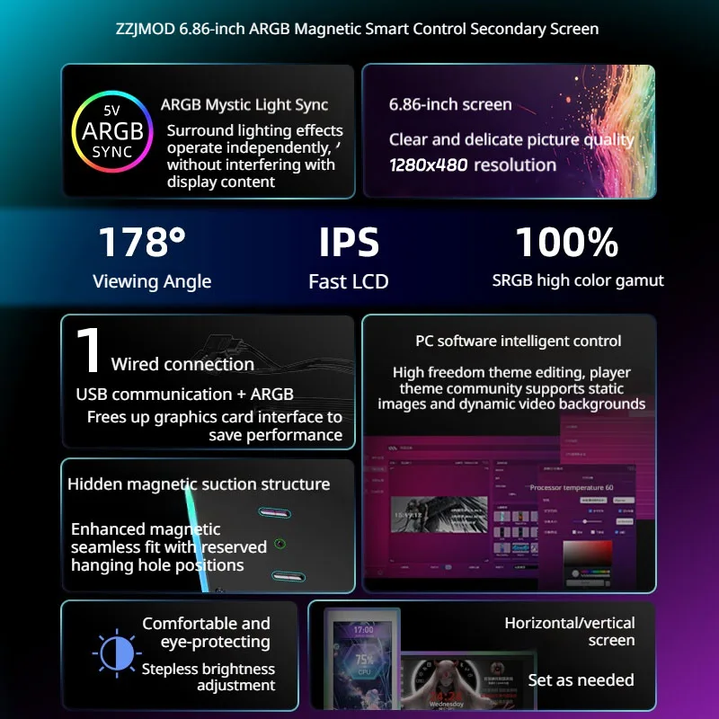 ZZJMOD Z-S68 1280x480px 6.86인치 서라운드 ARGB 마그네틱 스마트 컨트롤 보조 화면 커스텀 테마 IPS HD PC 액세서리