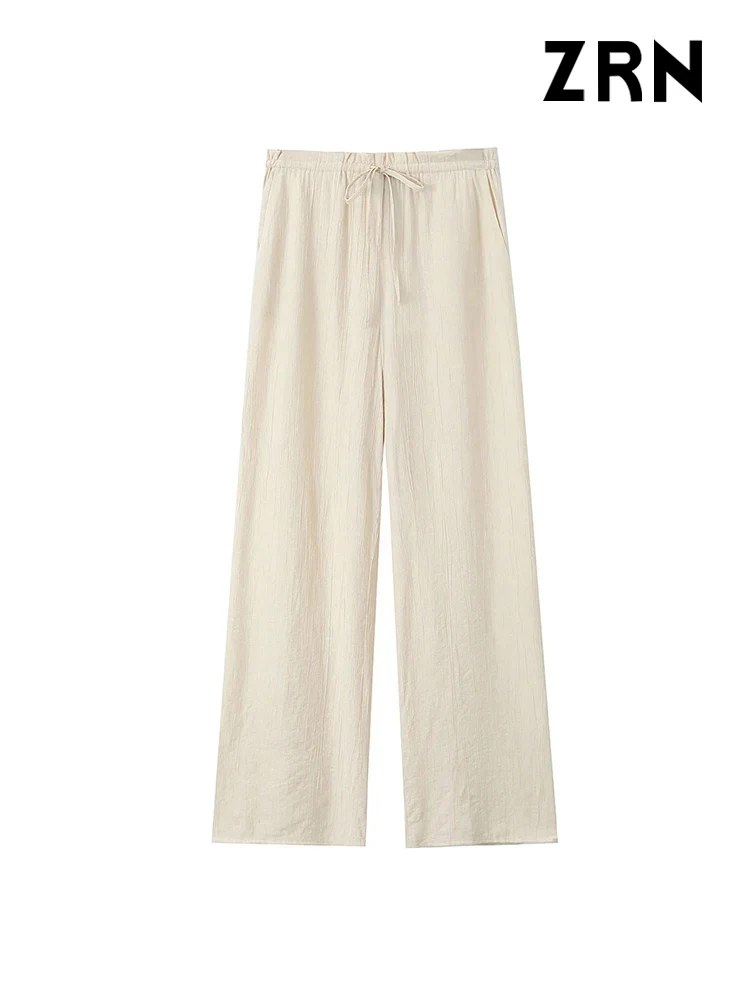 ZRN-Flowing Textured Pants for Women, Side Pockets, Elastic Waist with Drawstrings, Female Trousers, Fashion