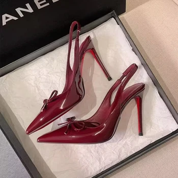 Luxury Patent Leather Women's High Heels 2026 Summer New Style Bow-tie Pointed Toe Sandals Sexy Striptease Party High Heels 1