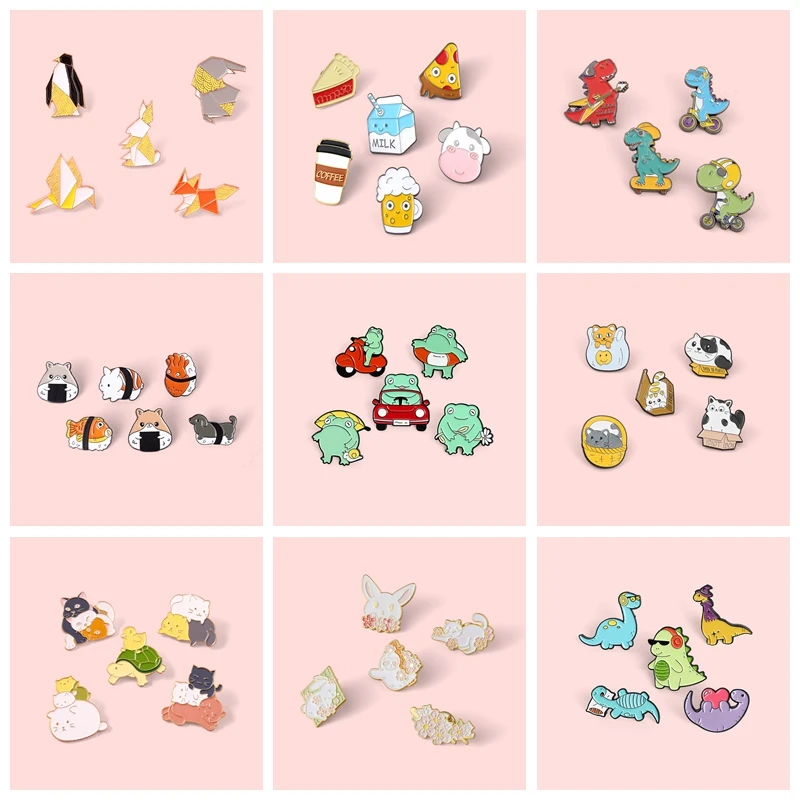 4-6 Teil/satz Lustige Frosch Dinosaurier Emaille Pins Nette Dinosaurier Katze Cartoon Tiere Broschen Abzeichen Für Kinder Schmuck Geschenke großhandel – Detail 1
