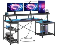 L Shaped Gaming Desk 71" Computer Desk Power Outlets Monitor Stand Adjustable Shelf Cup Holder Hooks Home Office Black