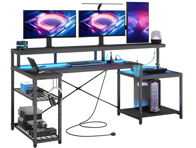 L Shaped Gaming Desk 71" Computer Desk Power Outlets Monitor Stand Adjustable Shelf Cup Holder Hooks Home Office Black