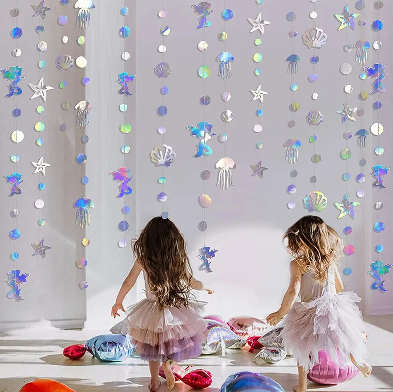 Birthday Banner Iridescent Mermaid Girl Mermaid Party Starfish Jellyfish Hanging Garland for Under The Sea Birthday Baby Shower DIY Decor