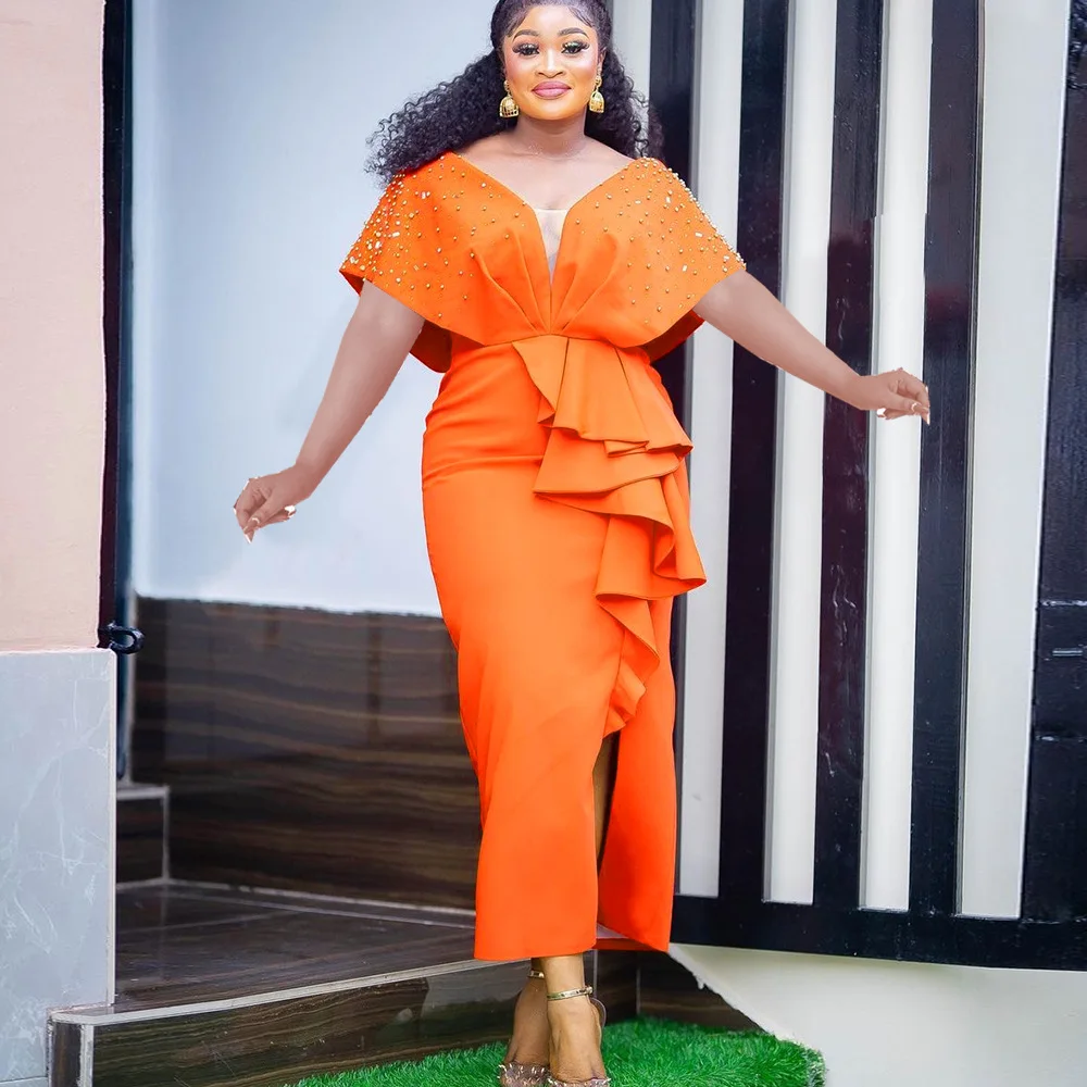 

African Party Wedding Dresses for Women Summer Elegant African Short Sleeve V-neck Polyester Orange Long Dress African Dresses