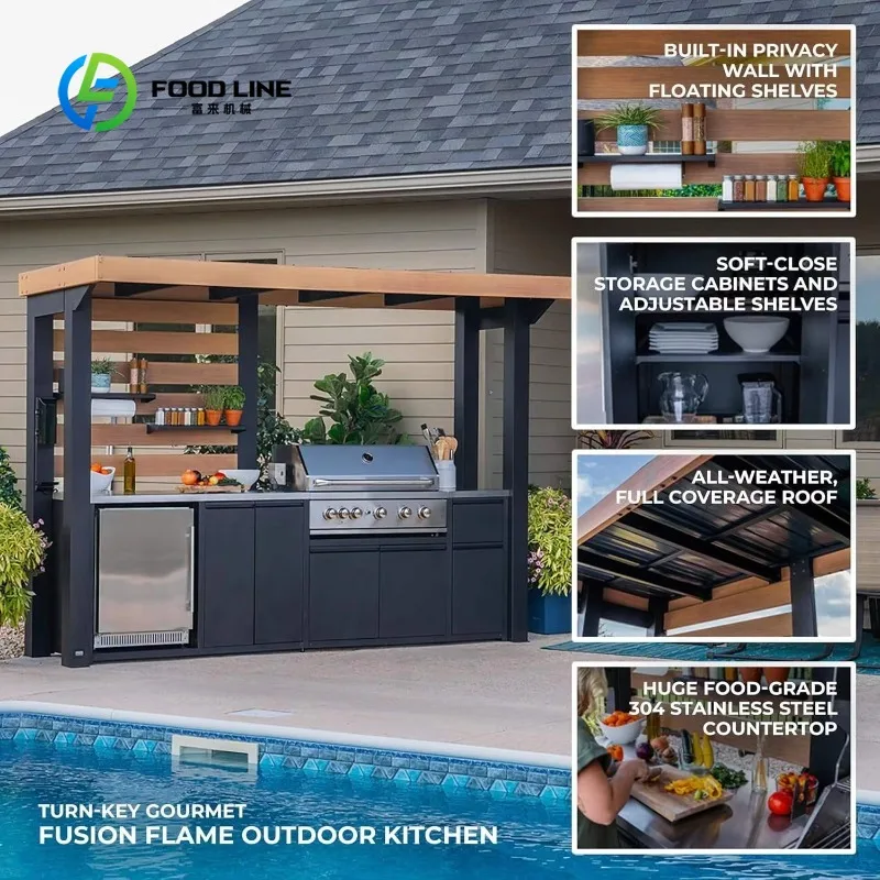 Isola Cucina Esterna Personalizzata con Piano in Granito e Mobile in Acciaio Inox per Intrattenimento in Patio e Giardino - immagine 2