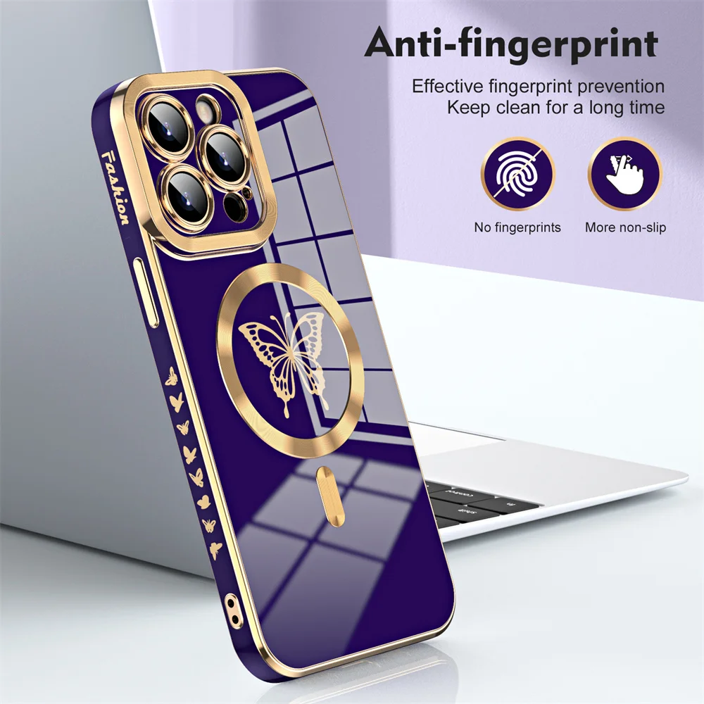 Coque de luxe plaquée or avec papillon Magsafe pour iPhone 16 15 Pro Max 14 13 12 11 Protection de l'objectif de l'appareil photo Charge sans fil Funda 14 Pro_voghion.com