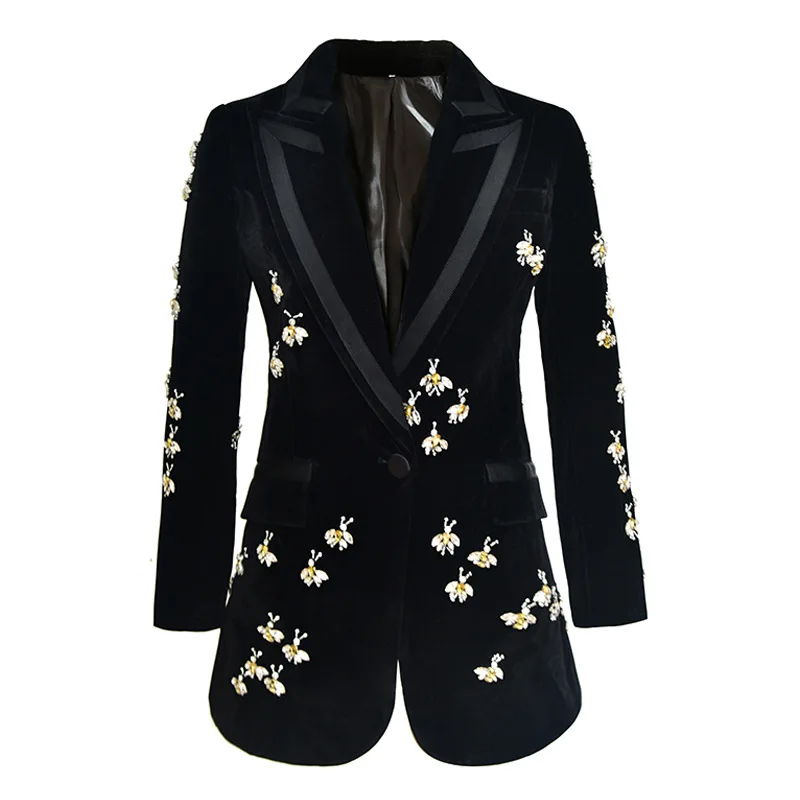 

Beaded Bee Diamond Blazzer Jacket Coat Women Autumn Spring Velevt Long Sleeve Turn-down Collar Female Long Suit Coat Outwear