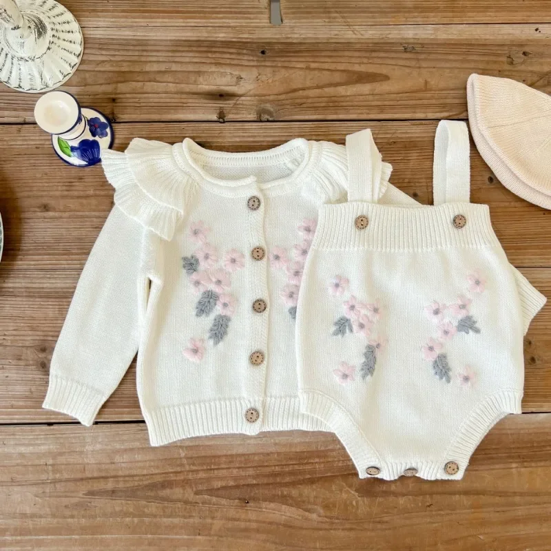 2pcs Fashion Girls Spring Autumn Clothes Set White Floral Knitted Cardigan and Romper Sweater Outfits for Infants Girl's Clothes 3