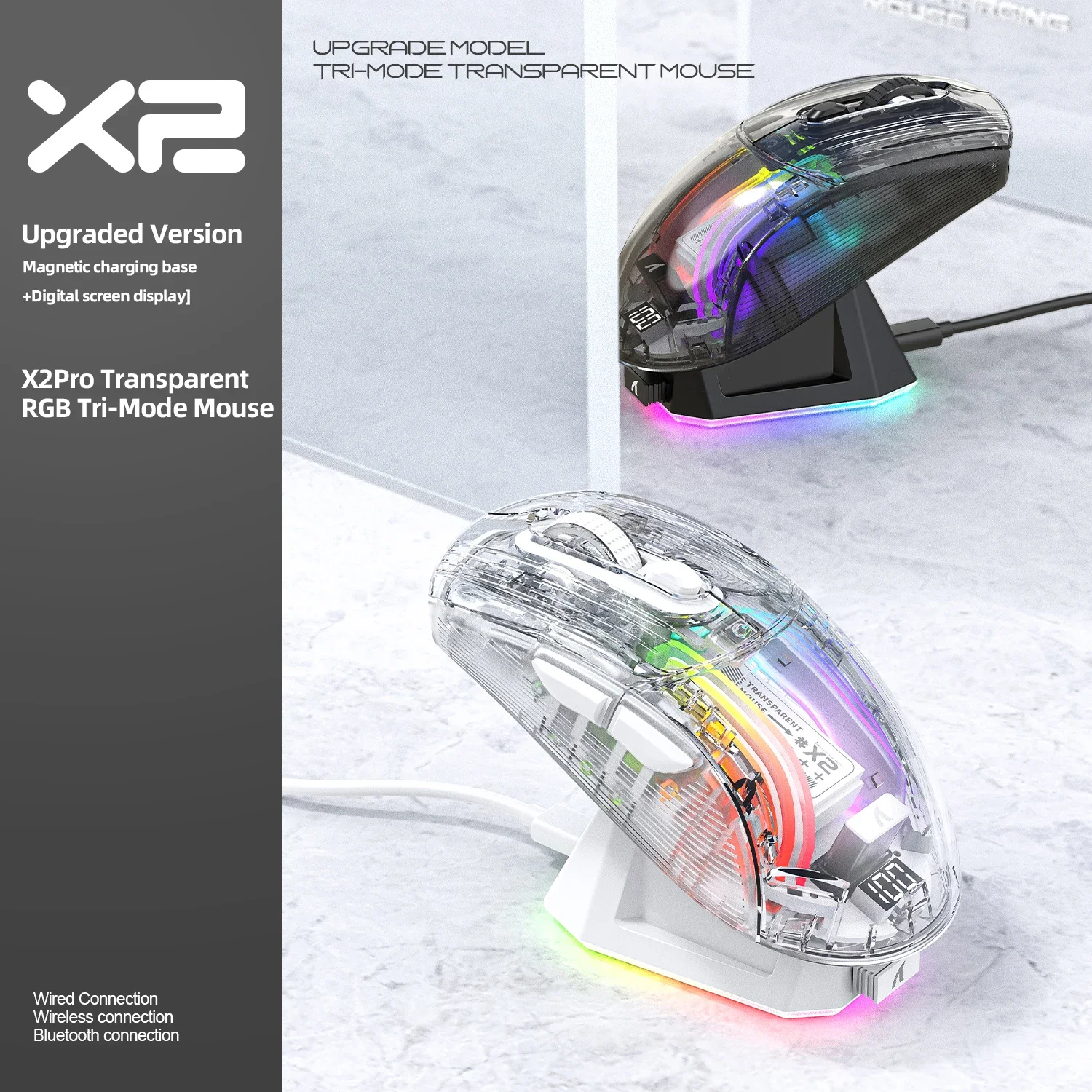 Attack Shark X2 Magnetic Rechargeable Bluetooth Mouse, Battery Level Indicator, Transparent Ergonomic Design Gaming Mouse