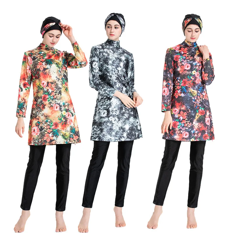 

Женский Мусульманский купальник Burkini, скромный купальник с длинным рукавом, закрытый хиджаб с цветочным принтом, топ, шапка, штаны для плавания, купальный костюм