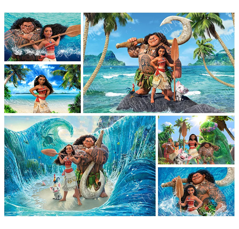 

Disney Moana Backdrop Kids Birthday Decoration Background Blue Ocean Waves Vinyl Polyester Photography Decor Props