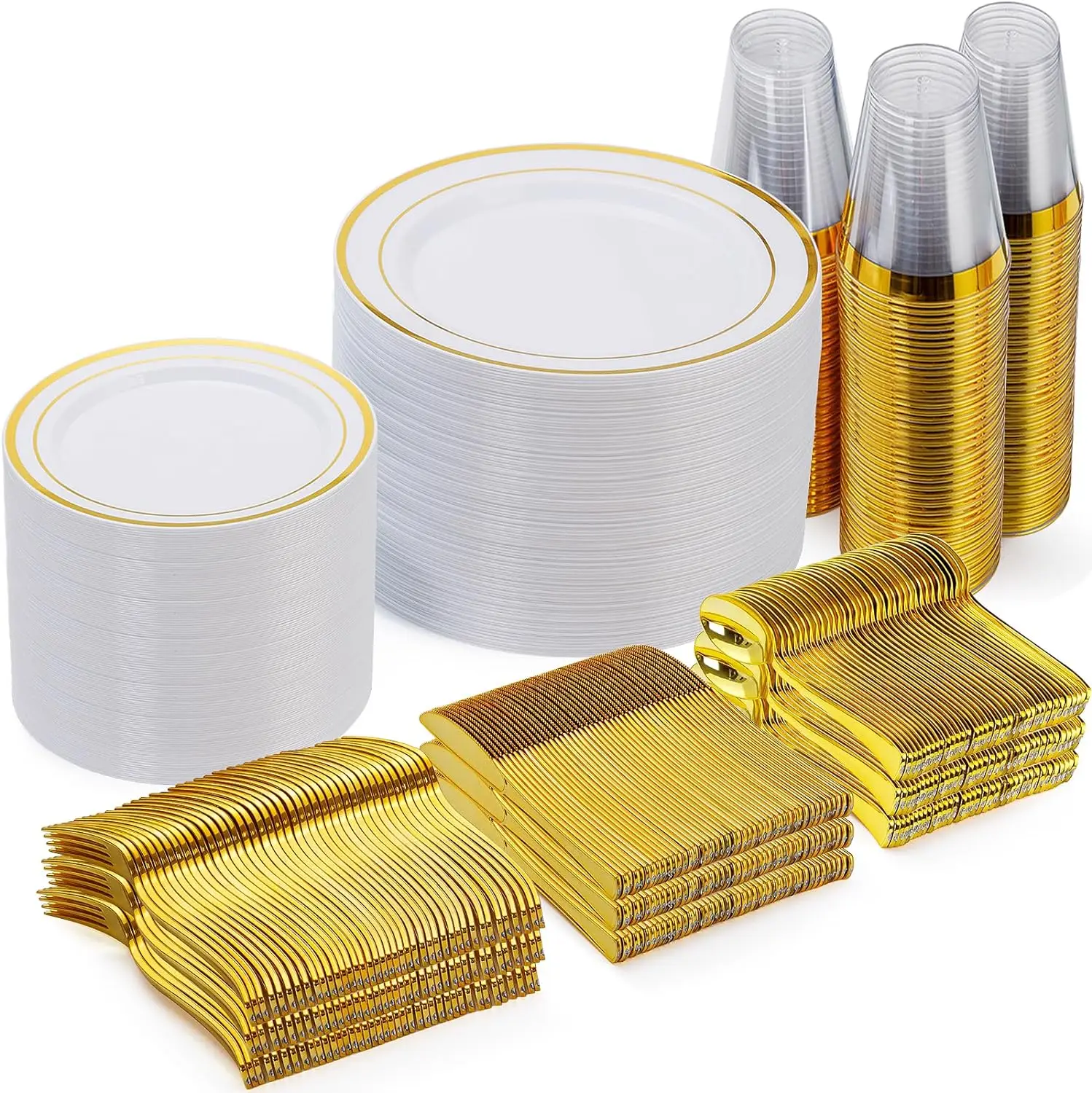 Goodluck 600 Pieces Gold Disposable Plates for 100 Guests, Plastic Plates for Party, Dinnerware Set of 100 Dinner Plates,