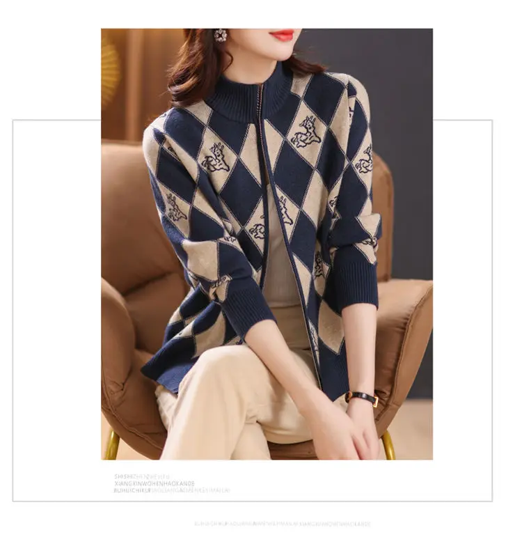 Women's Korean Vintage Plaid Sweaters Cardigan Autumn Winter Casual All-match Stand Collar Zipper Knitted Tops Female Clothing