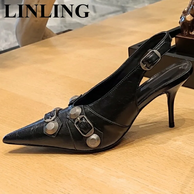 

Fashion Women Metal Rivets Pumps New Design Pointed Toe High Heels Slingback Shoes Ladies Genuine Leather Pumps Women Shoes 2023