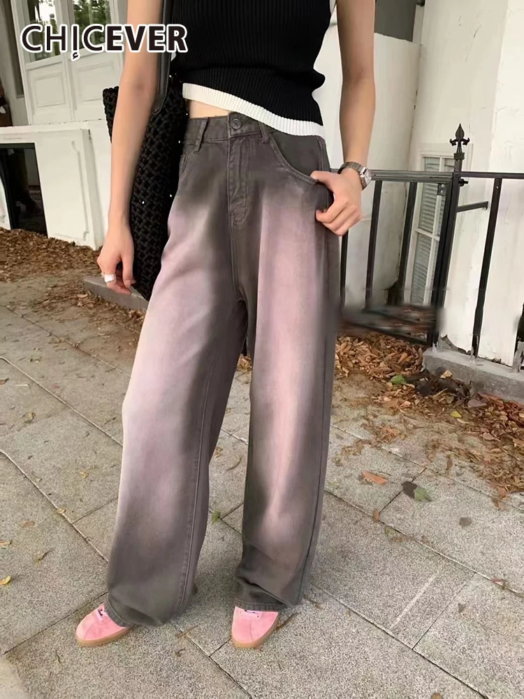 

CHICEVER Fashion Gradient Denim Pants For Women High Waist Patchwork Pockets Streetwear Vintage Loose Wide Leg Trousers Female