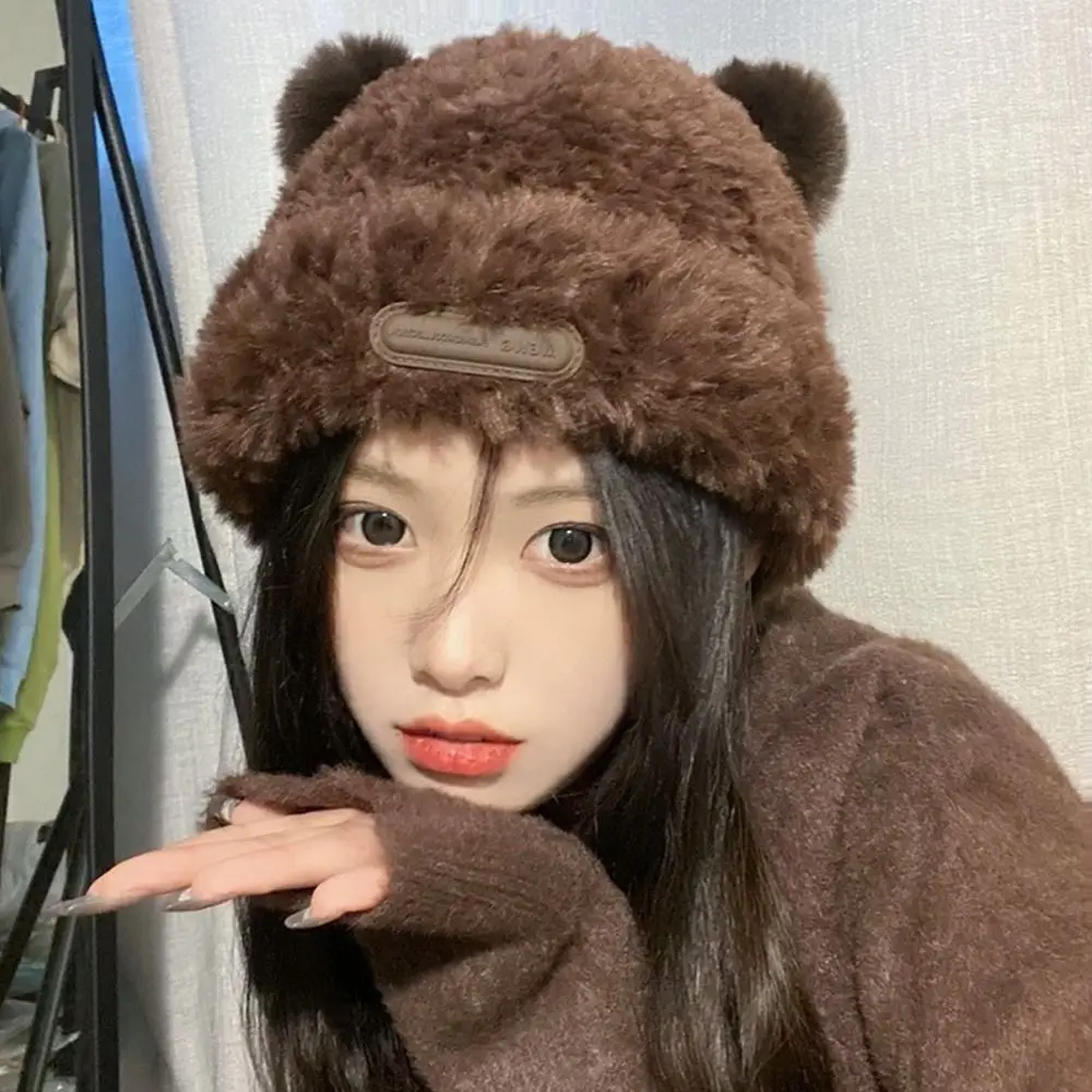Cute Ear Women Earmuffs Cap Cartoon Bear Ear Protection Hat Solid Color Plush Beanies Girl Winter Warm Fluffy Fur Headgear 모자 3