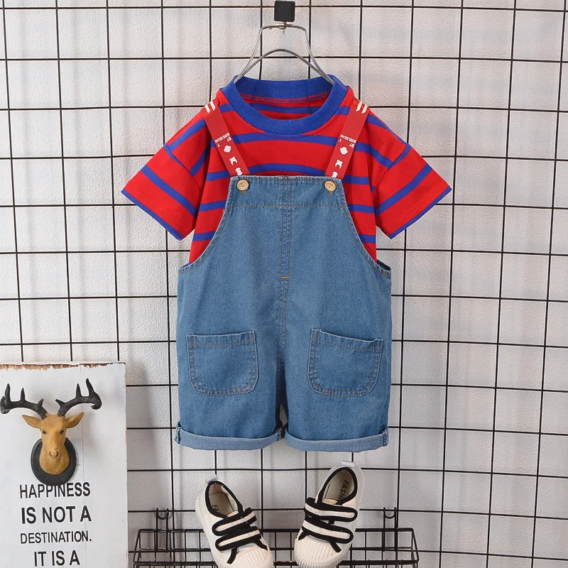 

Kids Fashion Clothes Set Baby Boys Girl Striped Short Sleeve T-Shirt + Denim Bibs Two-Piece Toddler Baby Children Summer Clothes