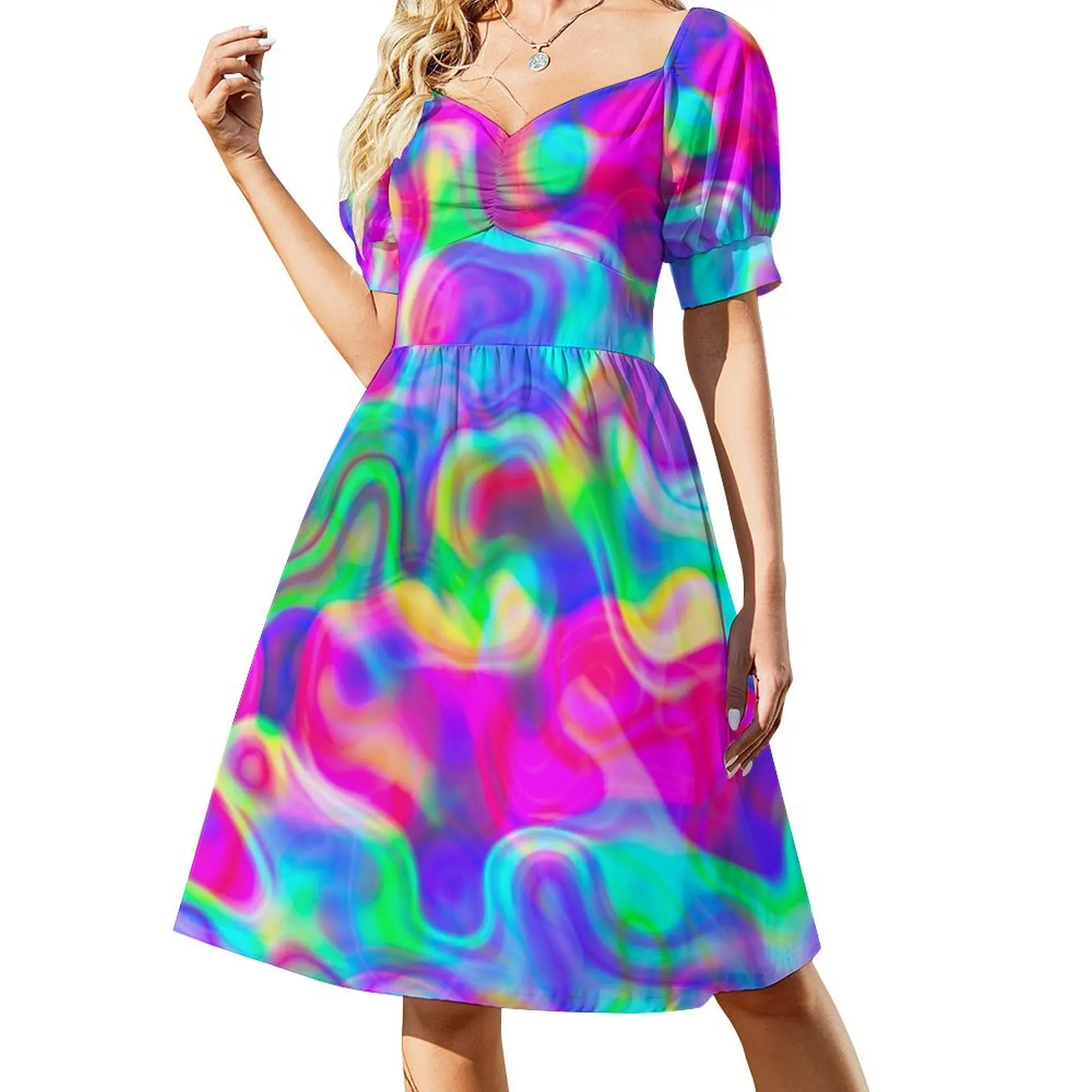 thumbnail image 1 of Vestido de manga corta con ondas holográficas, ropa de mujer, vestido de lujo., 1 of 7