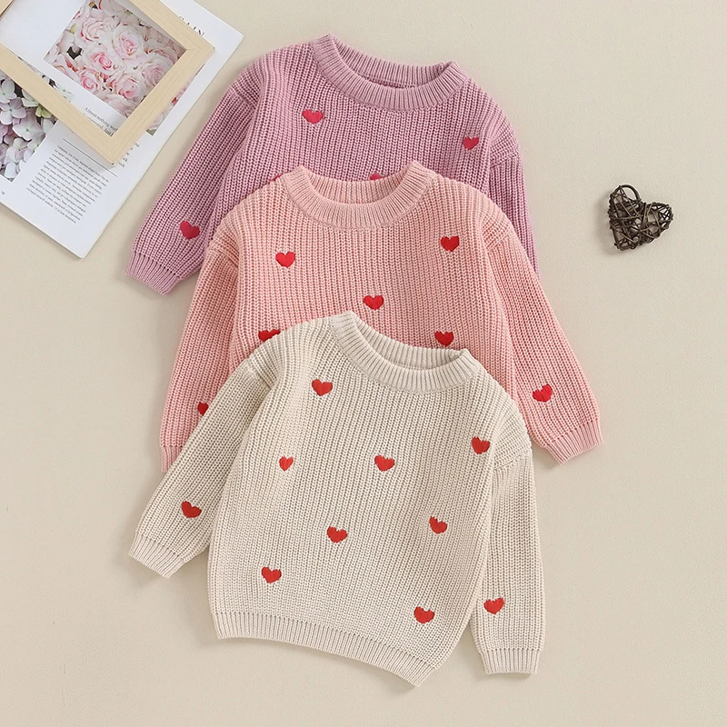 

Newborn Baby Girl Sweaters Cute Long Sleeve Heart Embroidery Knit Pullovers Infant Jumper Tops Basics Casual Versatility Daily