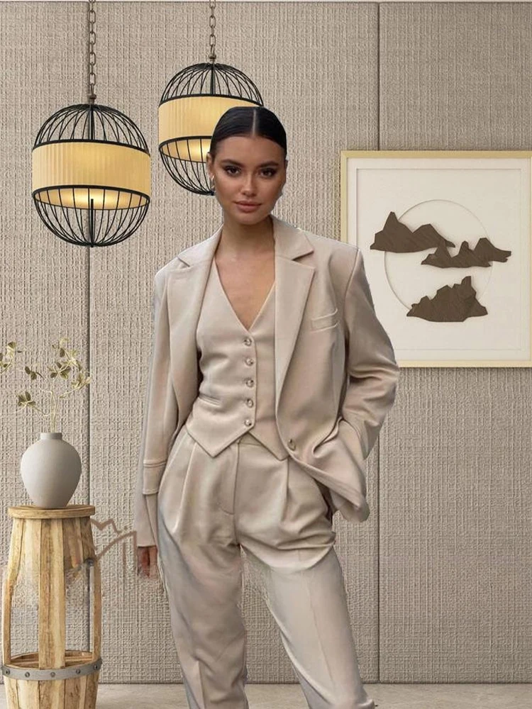 

2023 Women's Vintage High Quality Blazer Vest Pant Set Elegant 3Piece Office Formal Work Wear OL Jacket Vest Trousers Suit Femal