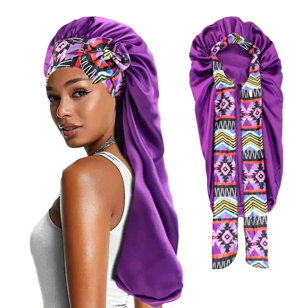 

Elastic Long Silky Bonnet New Hair Cover Women Printing Sleeping Cap Long Hair Curly Loss Silky Bonnets Wide Band Headwrap