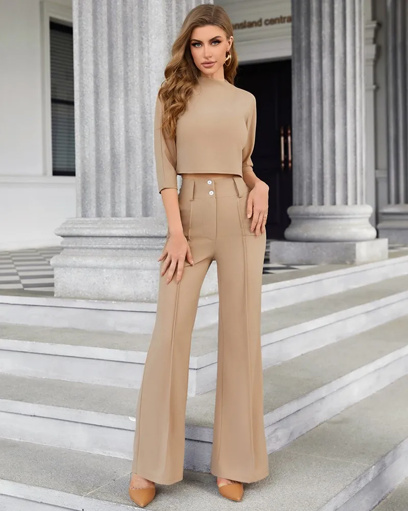 Elegantes 2-teiliges Damen-Büro-Outfit-Set mit Stehkragen, bauchfreies Oberteil und geknöpfter Hose mit Tasche, passende Sets für Damen-Arbeitskleidung – Detail 4