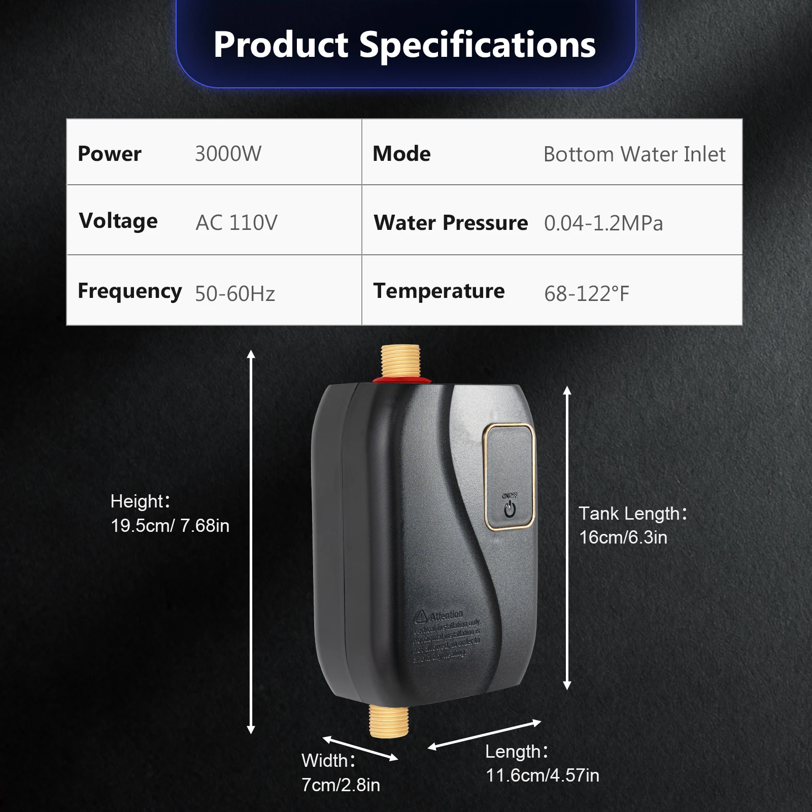 Electric Tankless Water Heater 3kW 110V Under Sink Instant Hot Water Heater On Demand LED Display for Kitchen Bathroom Shower