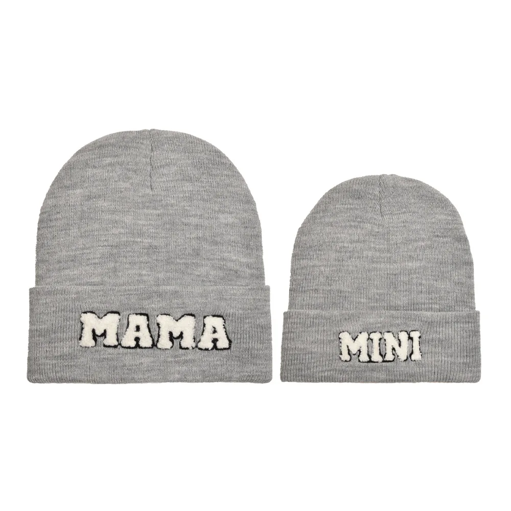 New Parent-child Knitted Hat Letter MAMA MINI Embroidered Beanie Hats Suit Mother Children Winter Outdoor Warm Pullover Cap 2Pcs