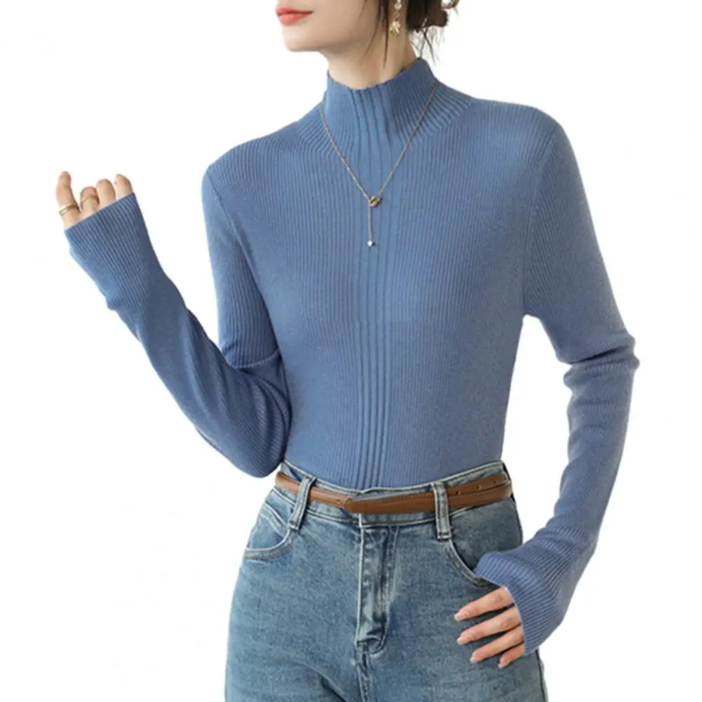

Autumn Women Top Thin Half-high Collar Polyester Long Sleeve Slim Fit Elastic Knit Pullover Casual Lady Sweater Bottoming Top