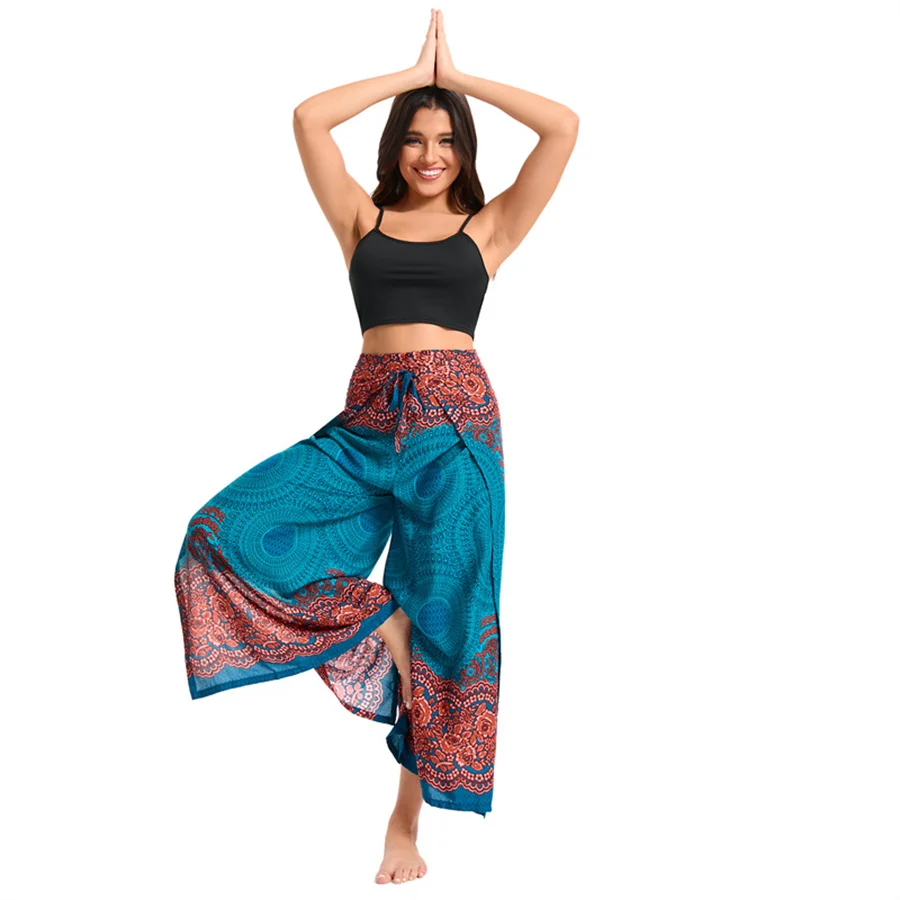 Women's Boho Palazzo Pants Wide Leg Yoga Wrap Tie Up Waistband Beach Cover Up Trousers Rayon Soft Breathable Loose Pants 6