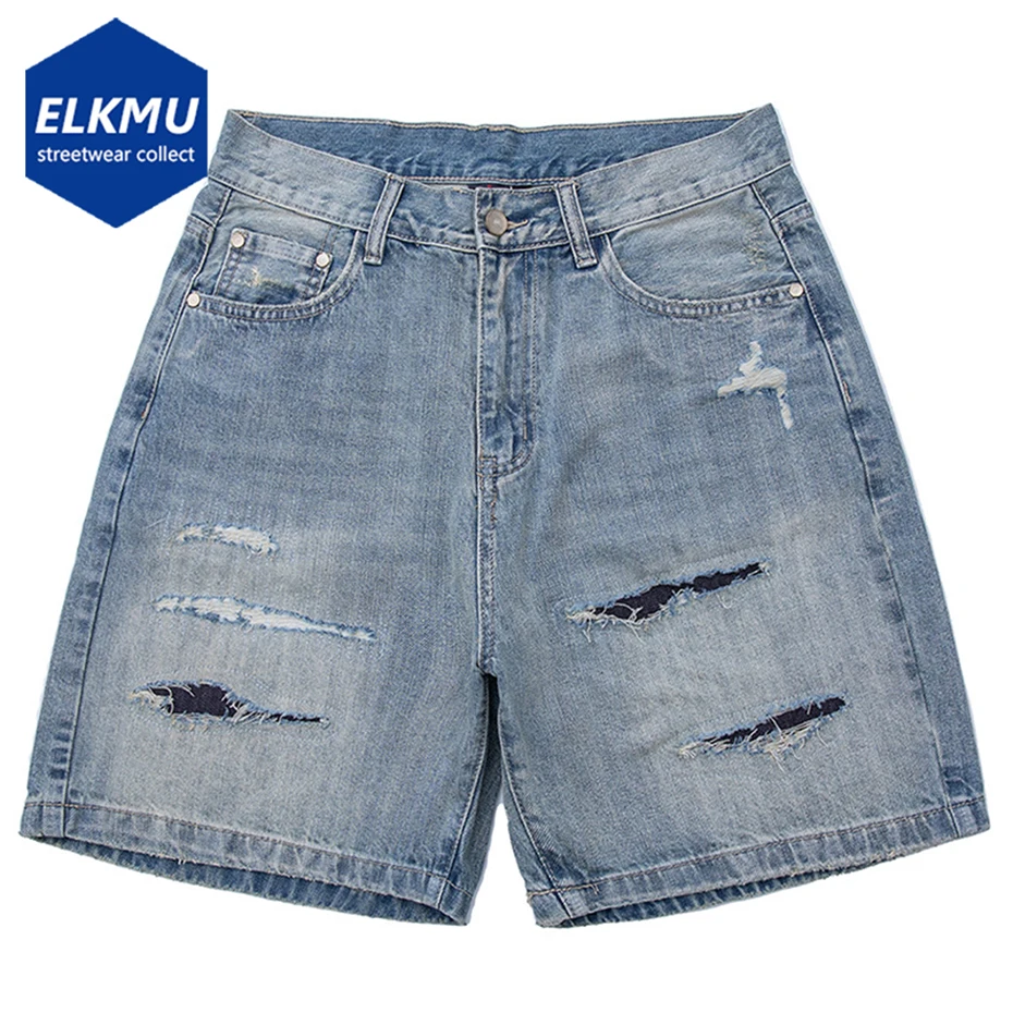 Vintage Blue Ripped Denim Shorts Men Summer Casual Loose Jeans Shorts Streetwear Harajuku Hip Hop