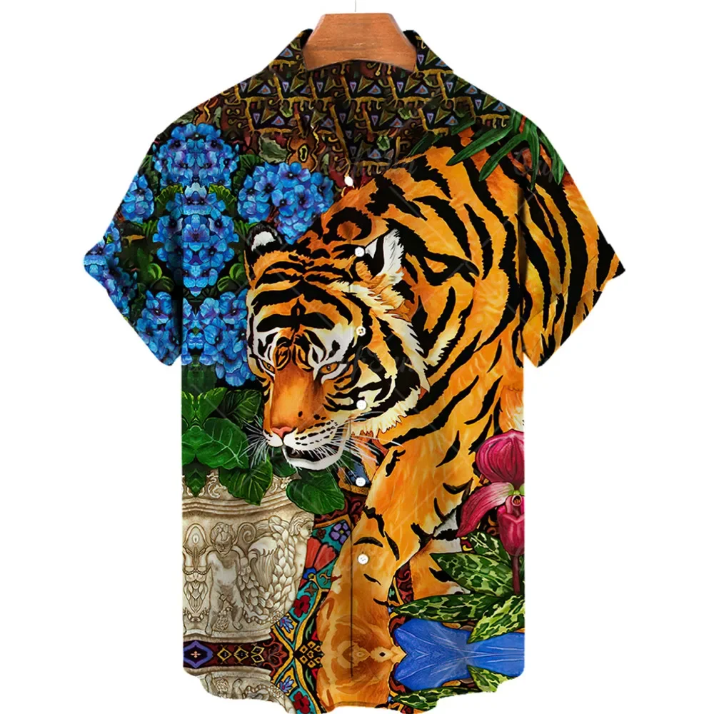 

2024 Hawaiian Short Sleeve Shirt Men's Tiger Pattern Chinese Cardigan Summer Casual Button 3D Retro Beach Oversized Tops