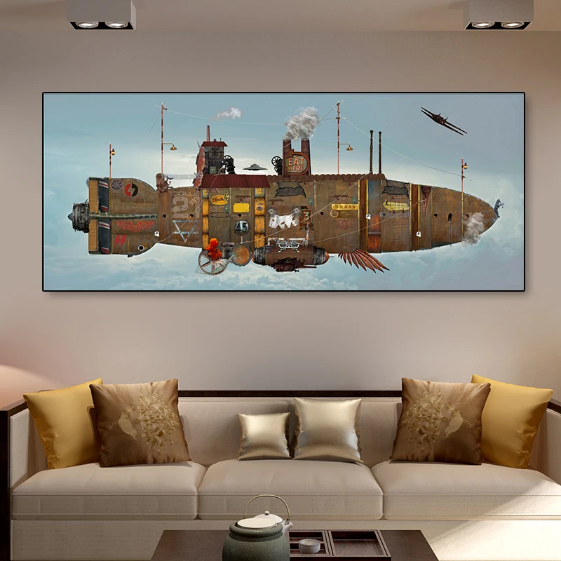 Vintage Steampunk Art Canvas Painting Abstract Steampunk City Posters e impresiones para sala de estar Arte de la pared Decoración creativa 60x80cm Sin marco