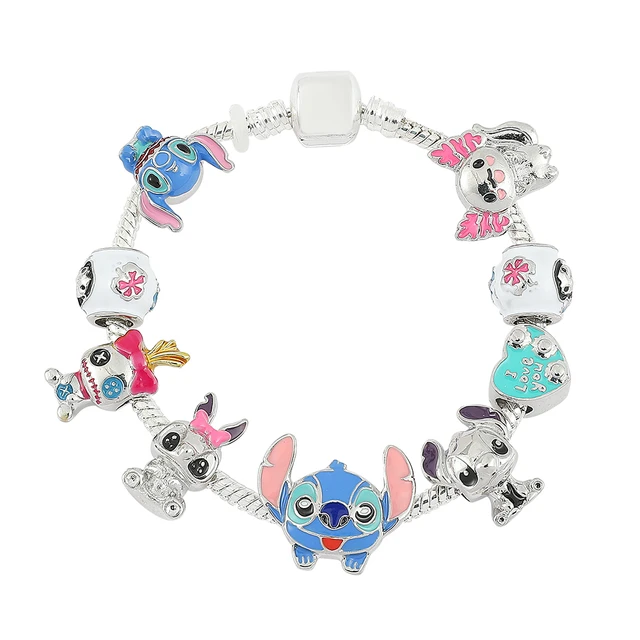 Bracelet à breloques de dessin animé Disney Lilo & Stitch pour femmes,  accessoires de bijoux luxueux, antiques, couleur argent, perles de cristal  - AliExpress