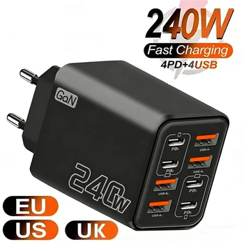 Chargeur USB C GaN 240W 8 en 1, charge rapide, adaptateur secteur Type C, prise EU/US, pour iPhone, Xiaomi, Samsung