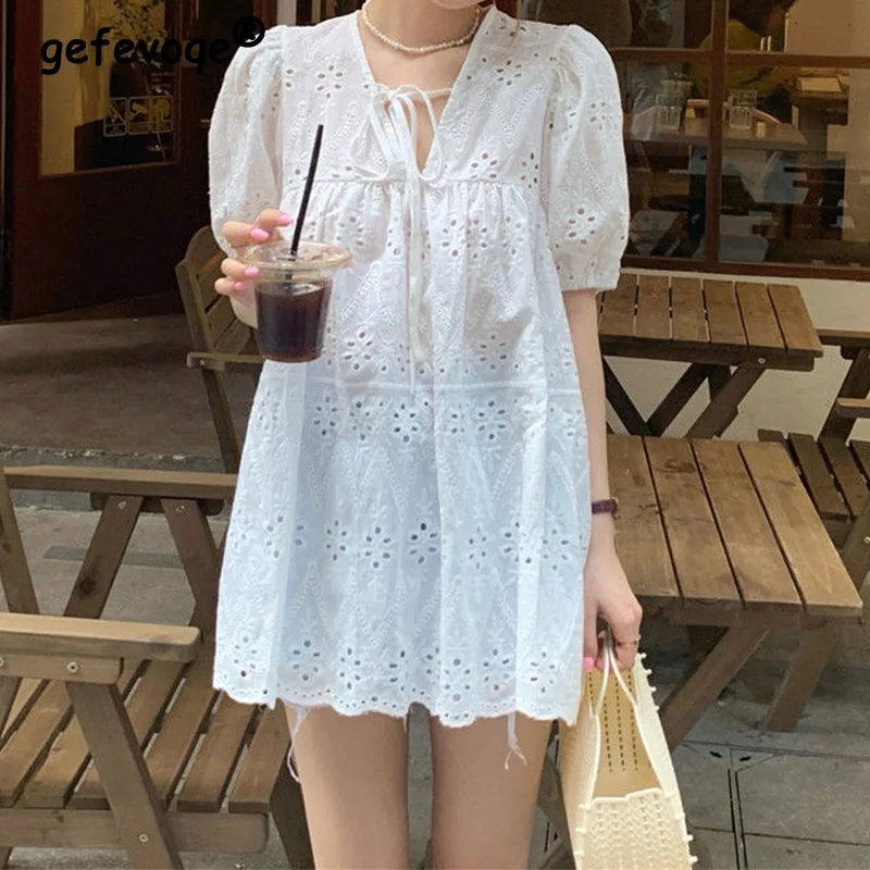 

Casual Fashion Solid Lace Hollow Out Long Blouse Summer 2023 New V-Neck Short Puff Sleeve Belt Pullovers Tops Women's Clothing