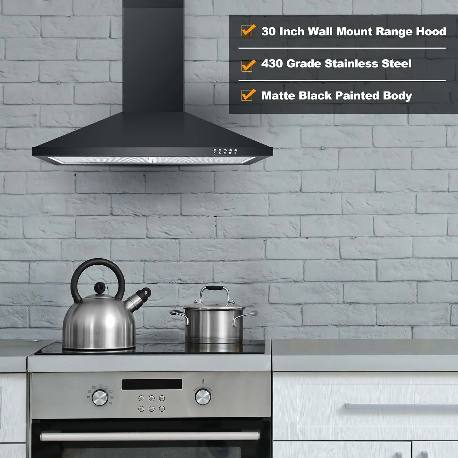 Tieasy Black 30 Inch 450 CFM Wall Mount Ducted/Ductless Permanent Filters LED Light Stainless Steel Range Hood for Kitchen 3