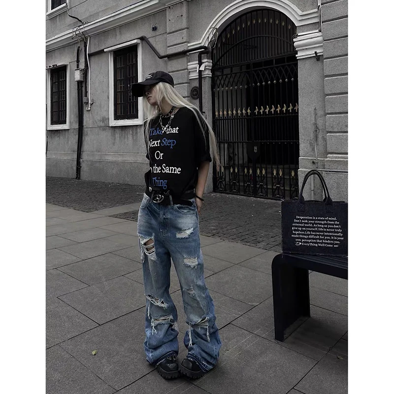 ZHIZOU American Retro Y2K 2000s Ripped Blue Jeans Women Loose Wide Legs 2026 Spring Style Design High Waist Straight Trousers 4