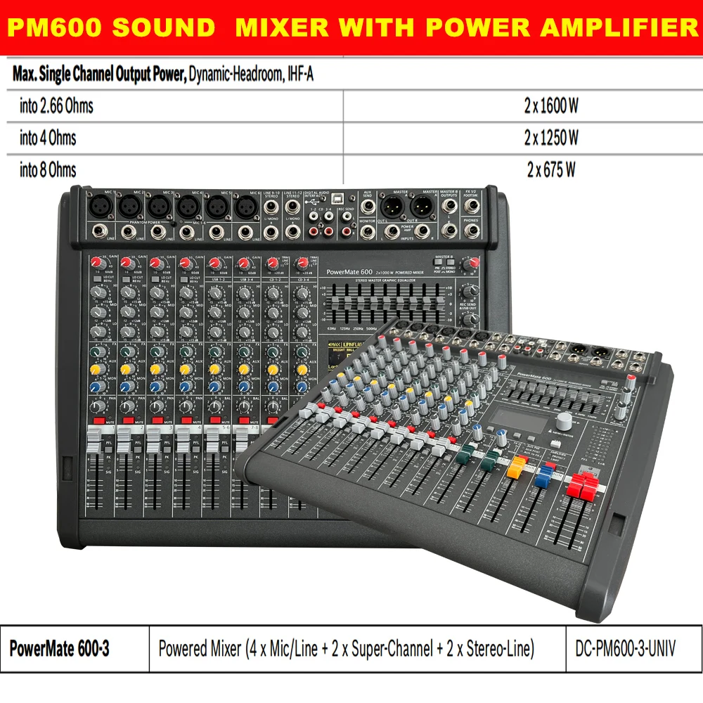 PM600-3 Console Mixer With 1000W Amplifier Professional 6 Channel Audio mixing for Audio Stage Performance audio mixer
