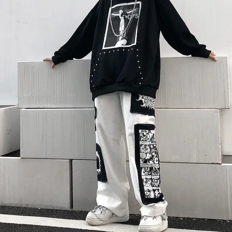 

Women White Gothic Cargo Pants New Hip Pop Baggy High Waist Casual Harajuku Y2k Straight Wide Leg Trousers Mopping Streetwear