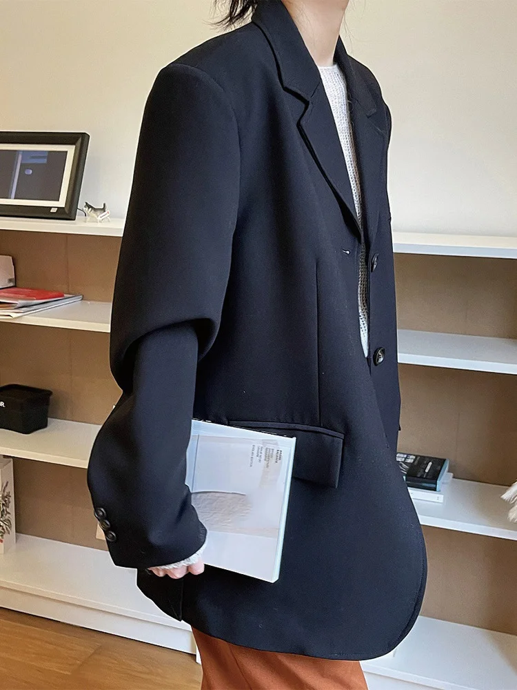 [LANMREM] Solid Loose Blazer For Women Notched Single Breasted Long Sleeve Office Lady Jackets Fashion 2024 Spring New 26D942