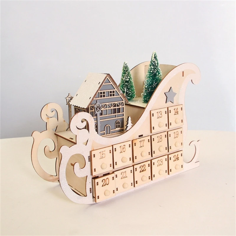 Tree House Sleigh Wooden Advent Calendar Countdown Christmas Party Decor 24 Drawers with LED Light Ornament