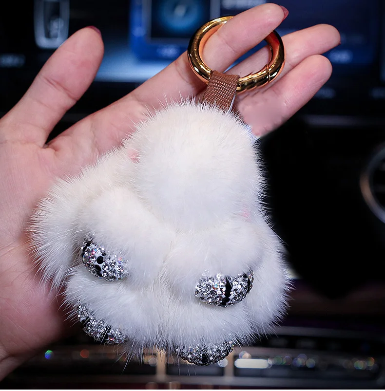 Cute-Cartoon-Rabbit-Fur-Diamond-Crystal-Pom-Pom-Keychain-Handbag-Car-Keyring-Women-Diamante-Mink-fur-Key-Buckle-3