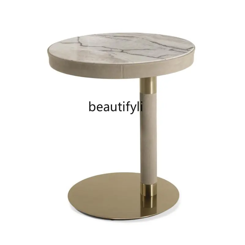 

Small Apartment Italian Light Luxury Sofa Side Table Marble Side Table Stainless Steel Coffee Table round Corner Table