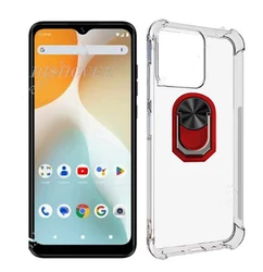 Enhanced Back Ring Holder Bracket Phone Case - Soft TPU Silicone Cover for BLU J12 (Transparent C Red)